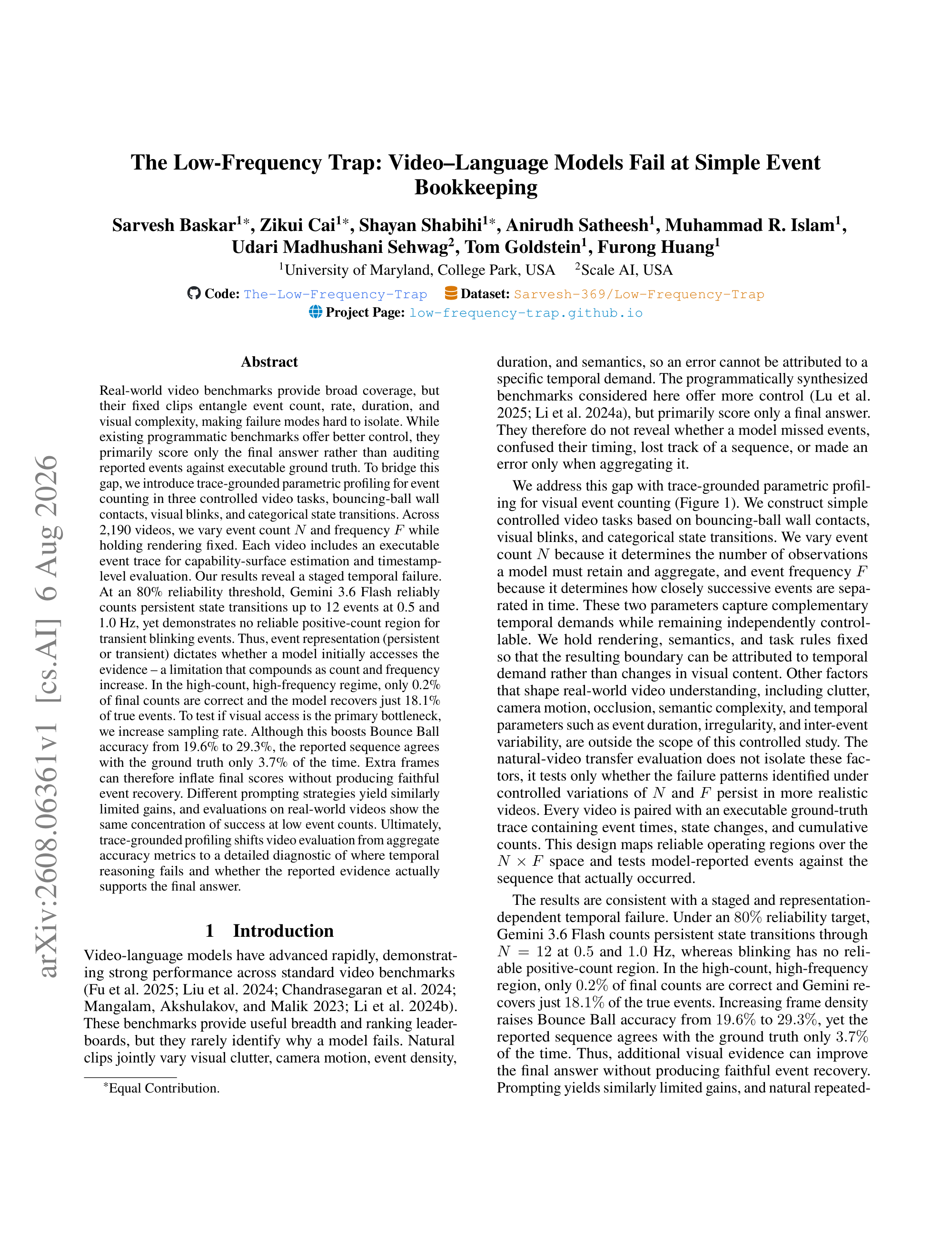 The Low Frequency Trap: Video Language Models Fail at Simple Event Bookkeeping - page 1