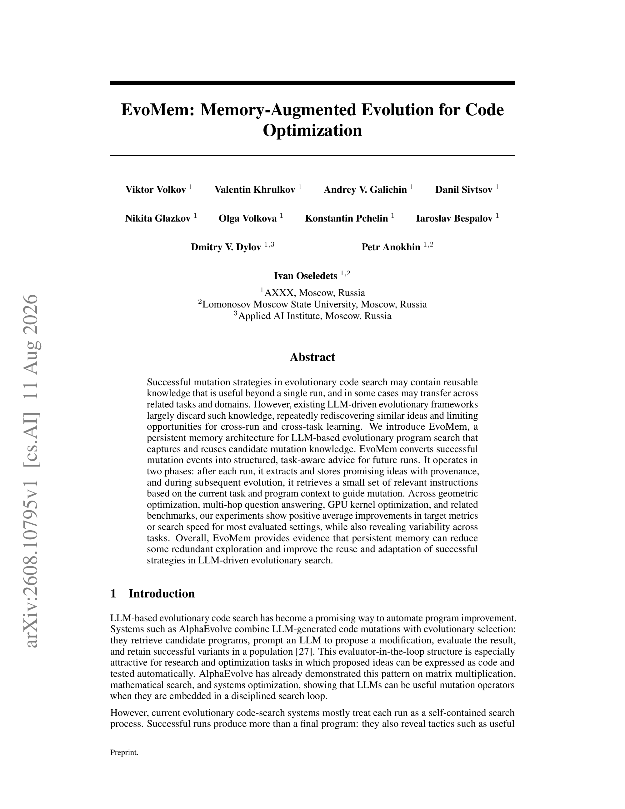 EvoMem: Memory-Augmented Evolution for Code Optimization - page 1