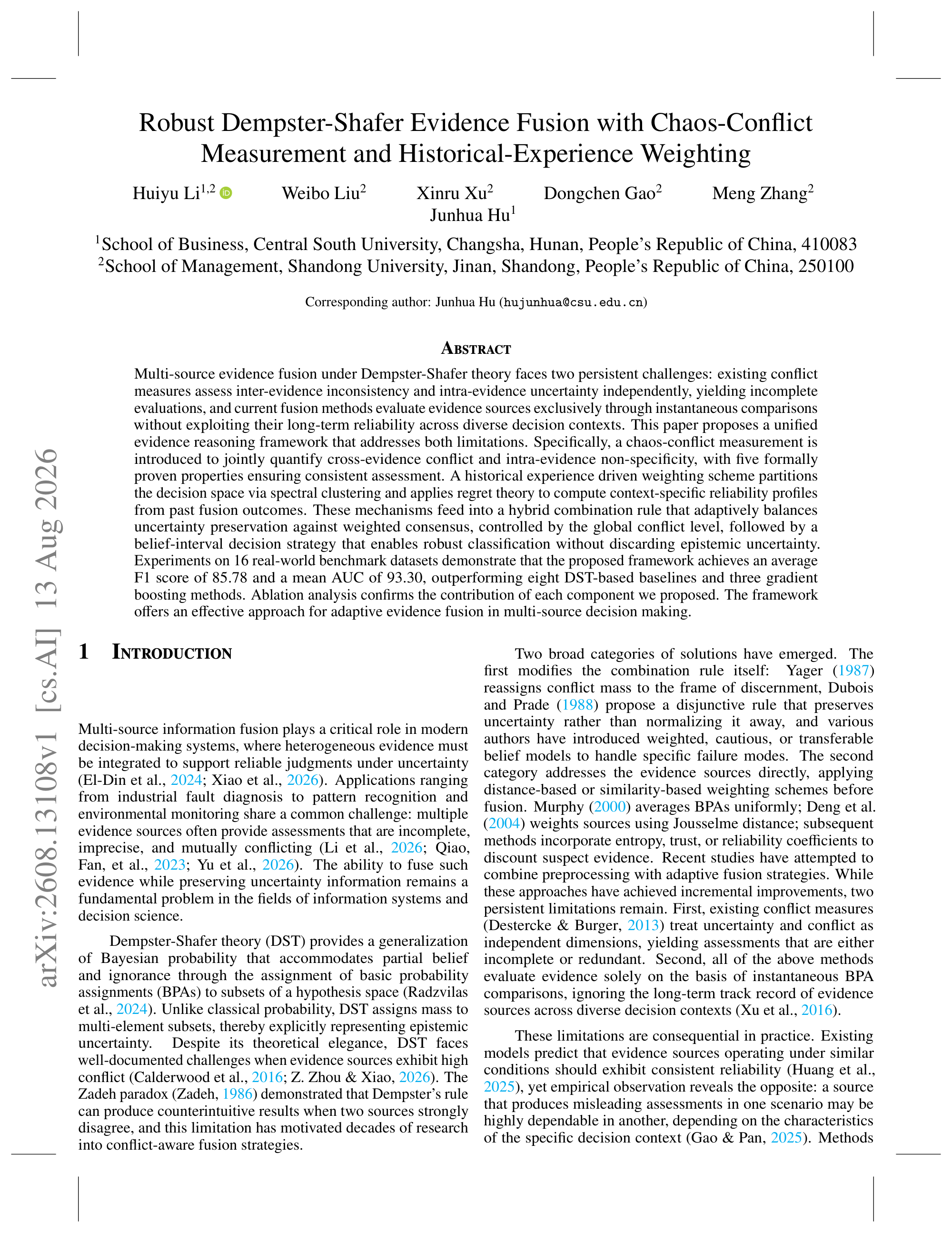 Robust Dempster-Shafer Evidence Fusion with Chaos-Conflict Measurement and Historical-Experience Weighting - page 1