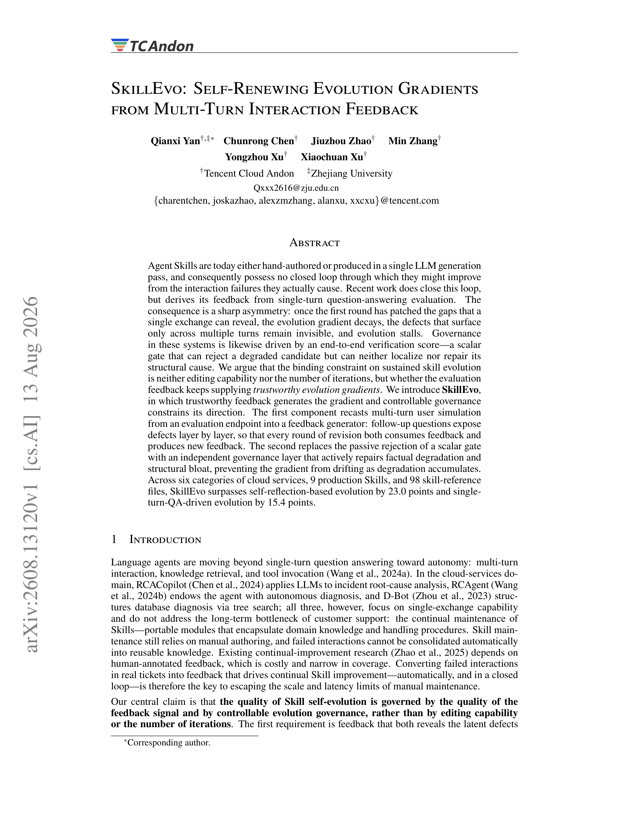 SkillEvo: Self-Renewing Evolution Gradients from Multi-Turn Interaction Feedback - page 1