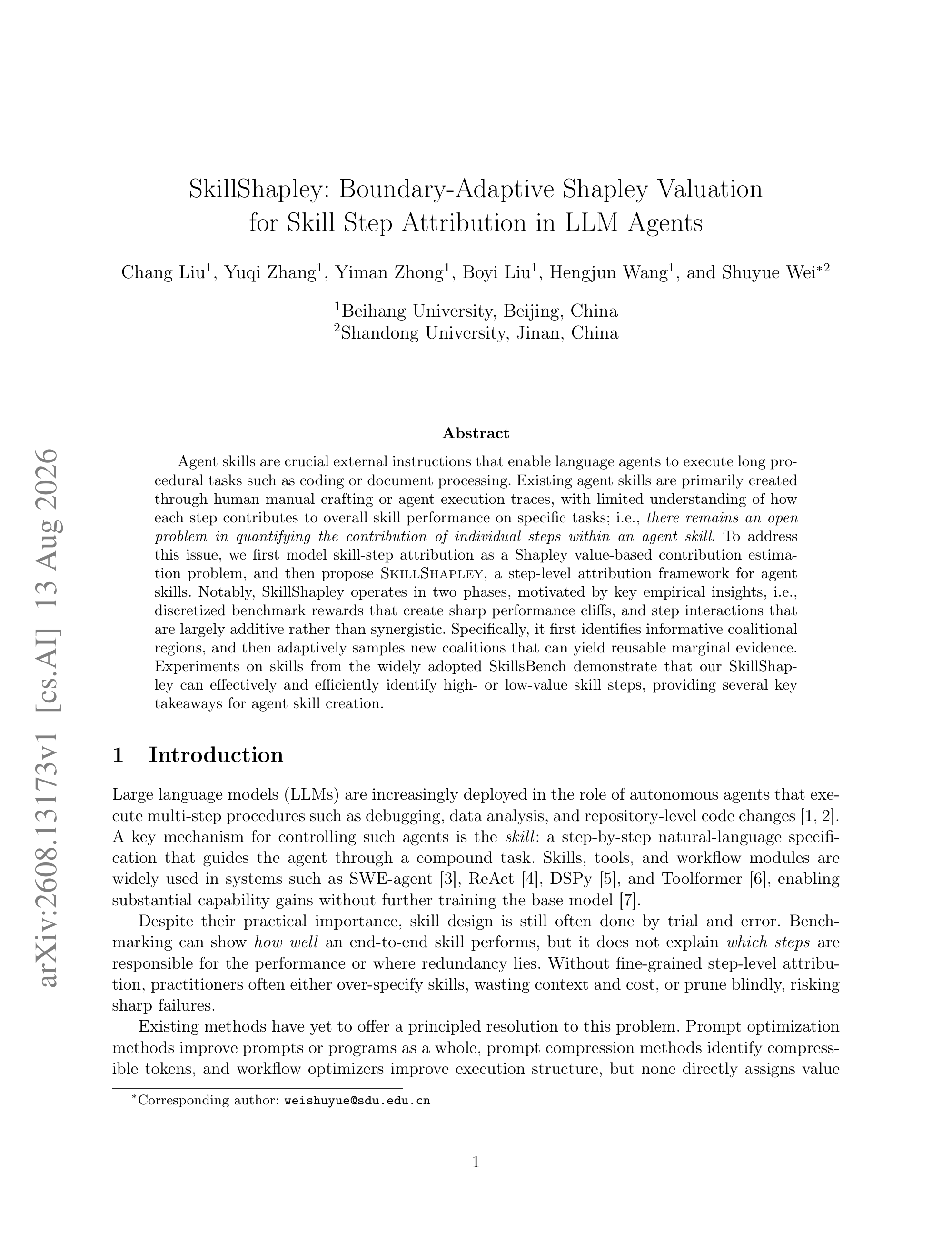 SkillShapley: Boundary-Adaptive Shapley Valuation for Skill Step Attribution in LLM Agents - page 1
