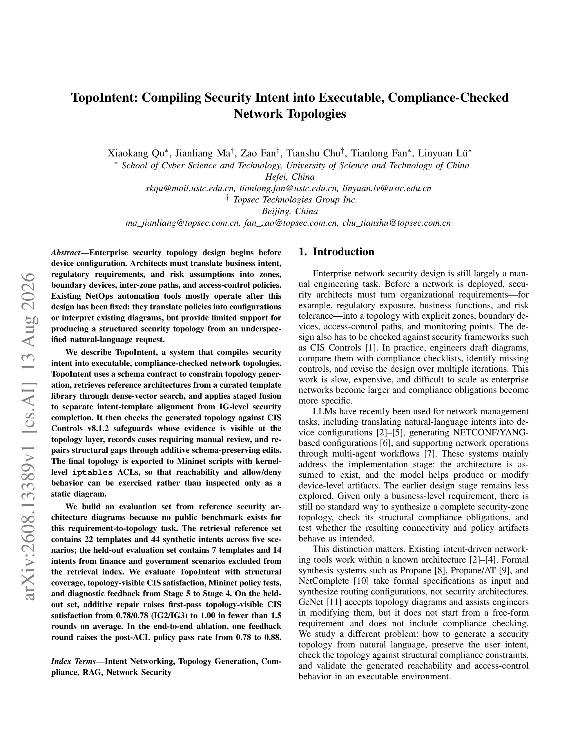 TopoIntent: Compiling Security Intent into Executable, Compliance-Checked Network Topologies - page 1