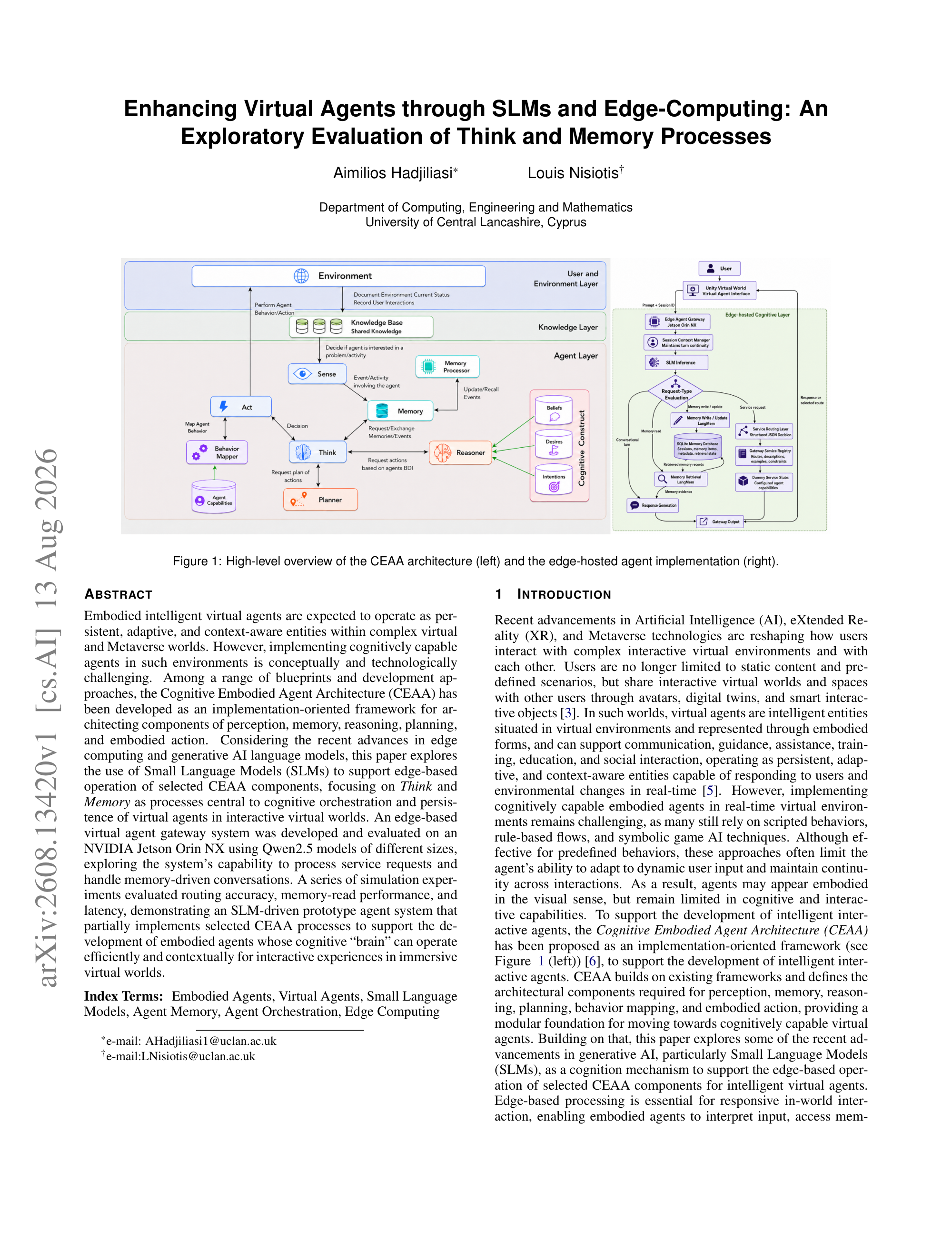 Enhancing Virtual Agents through SLMs and Edge-Computing: An Exploratory Evaluation of Think and Memory Processes - page 1